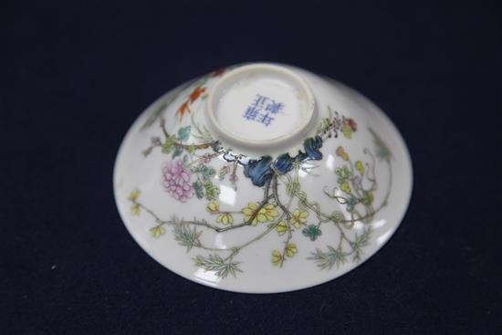 A Chinese famille rose small bowl, Yongzheng mark, Republic period, diameter 9.9cm, wood stand